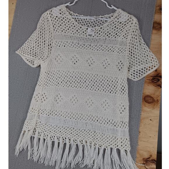 Cato Woman Crochet Woven Top Plus Size 18/20 White Fringe Trim Cover Up - Picture 1 of 12